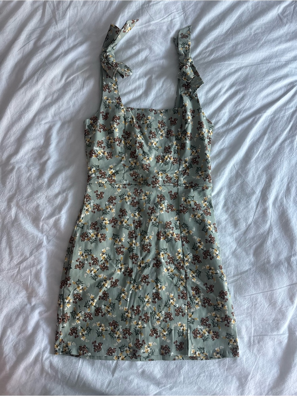 Trixxi Sage Green Floral Tie-Shoulder Mini Dress